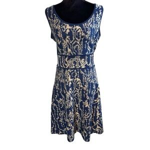 Peruvian Connection Blue and Cream A-Line Midi Sweater Knit  Dress